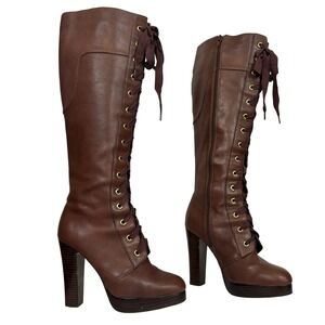Colin Stuart Lace Up Platform Knee High Boots Womens 7 Brown Leather Block Heel
